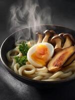Steaming Bowl of Udon Noodles with Mushrooms and Soft Boiled Egg. A close up image of a delicious and comforting Japanese noodle soup. photo