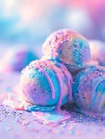 Close up of pastel ice cream scoops with sprinkles and melted icing. A dreamy, whimsical food photography image perfect for blogs, websites, or advertising. photo