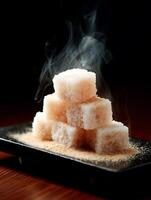 Steaming Cubes of Sweet Treats on Dark Background. A close up of sugary cubes creating a delicious dessert. photo