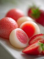 Close up of Strawberry Mochi and Fresh Strawberries on a White Plate. photo