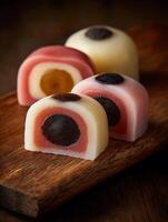 Close up of three delicious mochi sweets on a wooden board. A tempting dessert image perfect for culinary blogs and food publications. photo