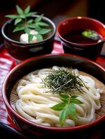 Delicious Udon Noodles in a Red Bowl, Close Up Food Photography. photo