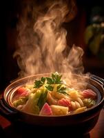 Steaming Hot Pot of Japanese Udon Noodles with Vegetables. photo