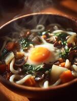Steaming Bowl of Udon Noodle Soup with a Fried Egg and Mushrooms. photo