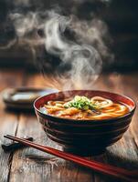 Steaming Bowl of Udon Noodle Soup with Green Onions. A close up photo of a delicious Japanese udon noodle soup.
