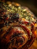 Close Up of Roasted Meat with Herbs and Spices. A Detailed Image of a Deliciously Seasoned and Cooked Rolled Meat Dish. photo