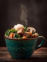 Steaming Bowl of Hearty Vegetable and Tofu Soup. A close up image of a delicious and healthy soup in a rustic teal mug. photo