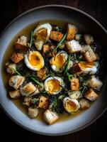 Delicious Soup with Soft Boiled Eggs and Toasted Croutons. A close up overhead shot of a flavorful and hearty soup. photo