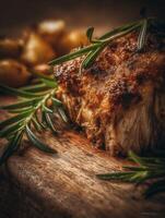 Close Up of Roasted Meat with Rosemary and Potatoes on Rustic Wooden Board. photo