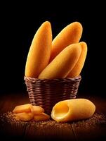 Golden Cheese Sticks in a Rustic Basket A Delicious Snack Image. photo