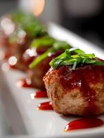 Close up of Delicious Meatballs in Red Sauce Garnished with Fresh Herbs. photo
