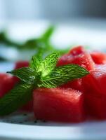 Close up of Refreshing Watermelon Cubes with Mint Leaves. photo