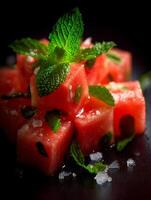 Close up of Refreshing Watermelon Cubes with Mint and a hint of Salt. photo