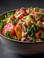 Close up of a vibrant salad with roasted chickpeas, mixed greens, and creamy dressing. photo