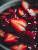 Close Up of Sliced Strawberries in a Rich Glaze. A Detailed Macro Image of Juicy Red Berries. photo