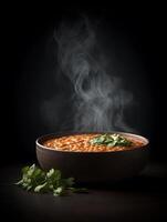 Steaming Bowl of Lentil Soup with Fresh Cilantro. A close up image of a delicious and aromatic lentil soup, perfect for a cozy meal. photo