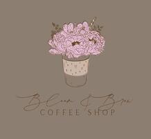Coffee shop bloom and brew label design with lettering bloom and brew drawing in floral style on brown background vector