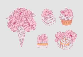 Bakery graphic illustrations ice cream, cupcake, macarons, cinnabon in floral style with flowers and petals drawing with pink on beige background vector