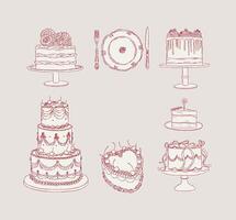 Cake one and two tier collection drawing in vintage style with red on beige background vector