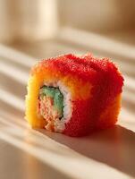 Delicious Sushi Roll with Red and Orange Tobiko Close Up. A vibrant and appetizing image perfect for culinary websites, blogs, or restaurant menus. photo