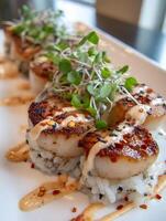Close Up of Gourmet Seared Scallops on Rice with Microgreens and Spicy Mayo. photo