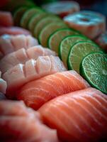 Sashimi Platter Close Up of Fresh Salmon, Tuna, and Lime Slices. photo