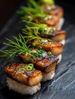 Close Up of Delicious Grilled Unagi Sushi on a Dark Plate. photo