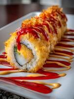 Close up of Crispy Fried Sushi Roll with Red and Yellow Sauce Drizzle. photo