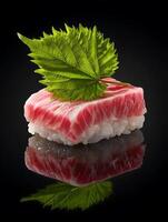 Close up of a single piece of red tuna sushi topped with a green leaf, reflected on a black surface. photo