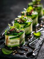 Close up of Cucumber Rolls with Sesame Seeds and Dressing. A gourmet appetizer elegantly arranged on a dark slate. photo