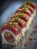 Close up of Delicious Tuna Sushi Rolls Topped with Sesame Seeds and Spices. photo