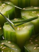 Close up of Fresh Cucumber Slices with Sesame Seeds and Green Onions. photo