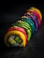Delicious Rainbow Sushi Roll Close Up on Dark Background. A vibrant and colorful image of a rainbow sushi roll, perfect for menus, blogs, or culinary publications. photo