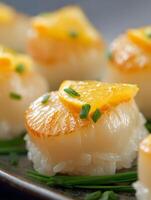Close Up of Seared Scallops with Orange and Chives. A delicious and elegant food photography image perfect for culinary websites and magazines. photo
