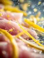 Close up of Raw Fish with Lemon Zest, Culinary Photography. photo