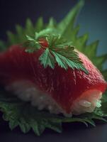 Close up of a single piece of Tuna sushi on a bed of green leaf. photo