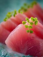 Close Up of Fresh Sashimi Tuna with Garnish. A detailed image showcasing the texture and color of raw tuna. photo