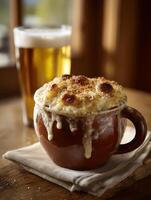 Creamy Mac and Cheese in a Rustic Bowl with Beer. A close up image of a delicious baked mac and cheese dish served in a rustic earthenware bowl, alongside a glass of beer. photo