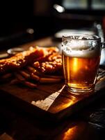 A Pint of Beer with Fish and Chips on a Rustic Wooden Board. photo