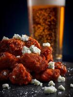 Spicy Buffalo Chicken Wings with Crumbled Blue Cheese and Beer. A close up image of delicious food. photo