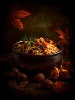 Autumnal Mushroom and Fig Risotto in Rustic Bowl. A delicious fall food photography image. photo