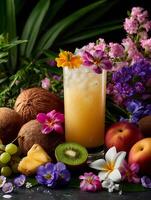 Refreshing Tropical Fruit Juice with Flowers and Coconut. A vibrant still life featuring a delicious cocktail garnished with exotic blooms. photo