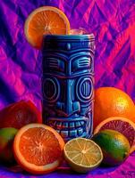 Vibrant Citrus Cocktail in a Tiki Mug. A close up of a refreshing drink surrounded by juicy oranges, limes, and blood oranges. photo