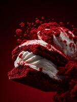 Red Velvet Cake Crumble A Close Up of Decadent Dessert in Motion. photo