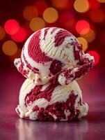Two Scoops of Red Velvet Ice Cream on a Maroon Surface with a Red and Gold Bokeh Background. photo