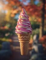 Creamy Swirl Ice Cream Cone in Autumnal Setting. A close up of a delicious soft serve ice cream cone with pink and white swirls, set against a blurred autumnal background. photo