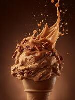 Caramel Pecan Ice Cream Cone with Splashing Sauce. A delicious close up of creamy ice cream with pecan pieces and caramel sauce. photo