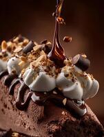 Decadent Chocolate Dessert with Whipped Cream and Almonds. A close up image of rich chocolate ice cream, drizzled with chocolate sauce and topped with whipped cream and almonds. photo