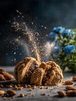 Delicious Almond and Coffee Ice Cream Scoops with Crumbs Exploding. photo