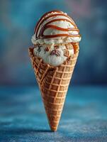 Delicious Caramel and Vanilla Ice Cream Cone Close Up. A tempting image of a waffle cone filled with two scoops of vanilla ice cream, drizzled with caramel sauce. photo
